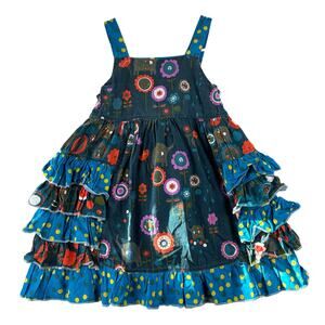 Jelly The Pug Ruffle Tank Dress Girls 4 Blue Floral Polka Dot Elephant Whimsical